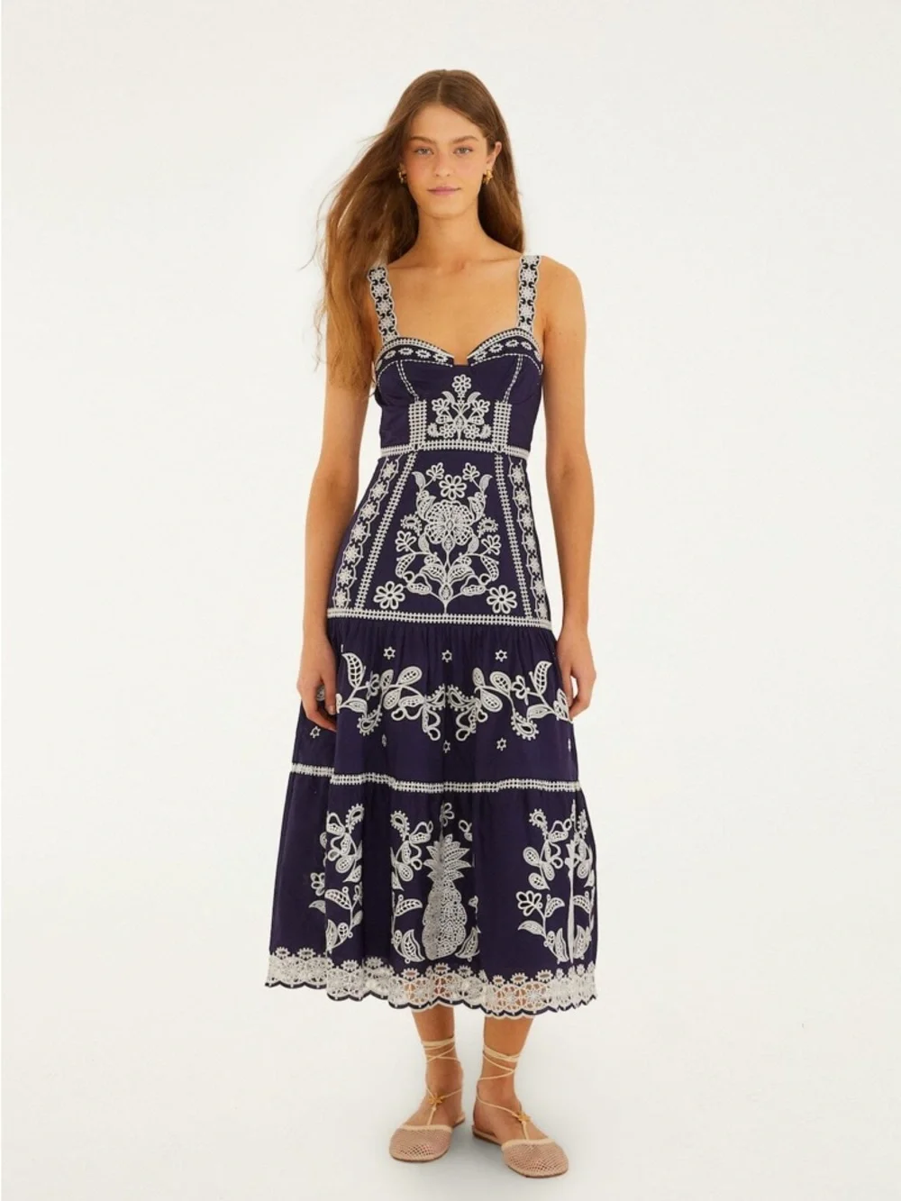 FARM Rio Blue Richelieu Embroidered Midi Dress Size Medium NWT - Picture 1 of 16